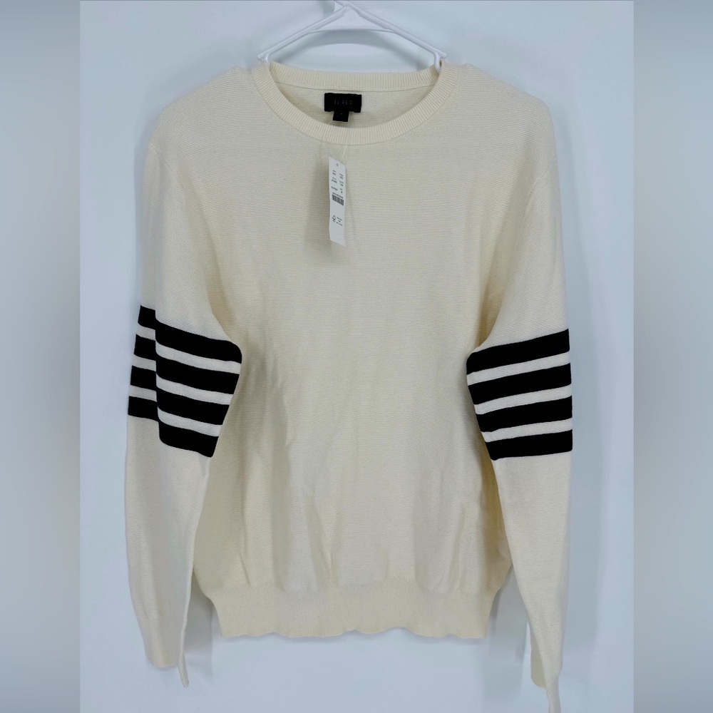 Re-Imagined J Crew - COTTON CREWNECK SWEATER GARTER STITCH IVORY NAVY Medium‎